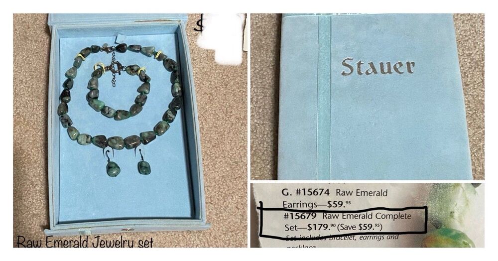 Stauer Raw Emerald Jewelry Set 467ctw Necklace Bracelet Earrings Box & Papers